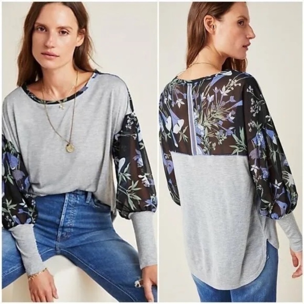 Anthropologie RAYE PRINTED TOP Floral Heathered Grey Juliet Sleeve by Tiny.